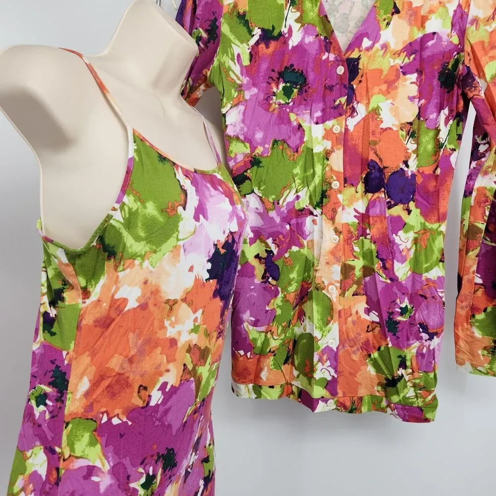 Spiegal Robe & Chimise Gown Set Small Short w/Long Sleeve Floral Sleepwear